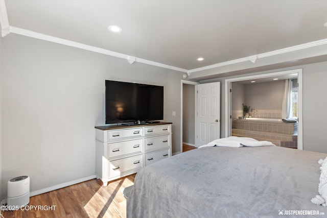 bedroom featuring recessed lighting, baseboards, ornamental molding, and light wood-type flooring