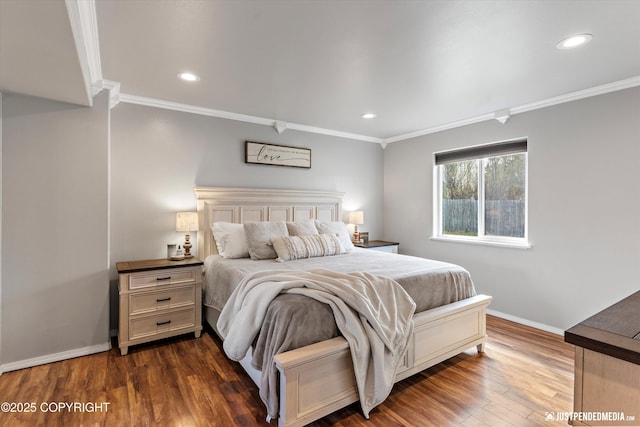 bedroom with crown molding, recessed lighting, baseboards, and dark wood finished floors