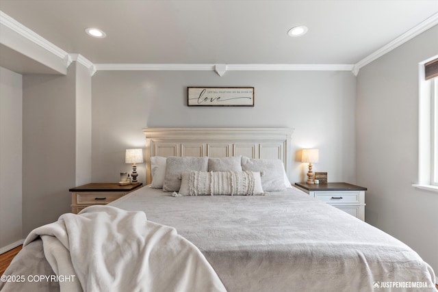 bedroom with crown molding, recessed lighting, baseboards, and wood finished floors