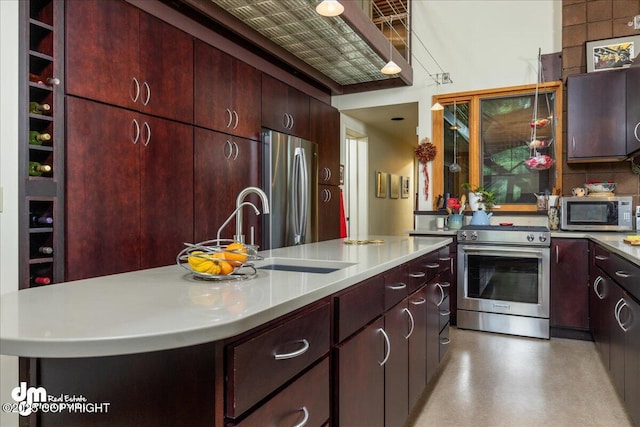 kitchen featuring a sink, light countertops, open shelves, and stainless steel appliances