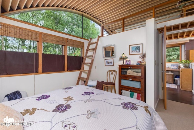 carpeted bedroom with lofted ceiling