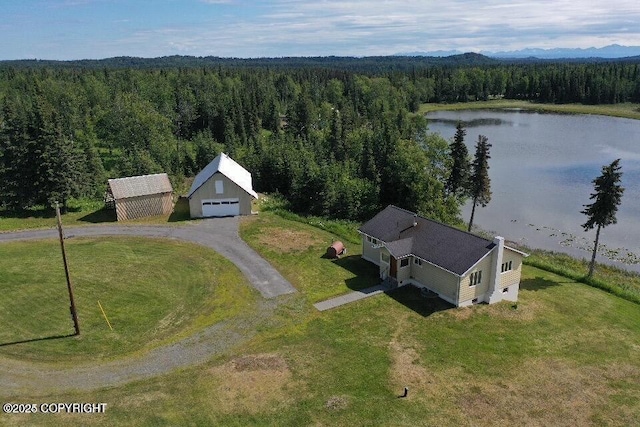 bird's eye view with a water view and a forest view