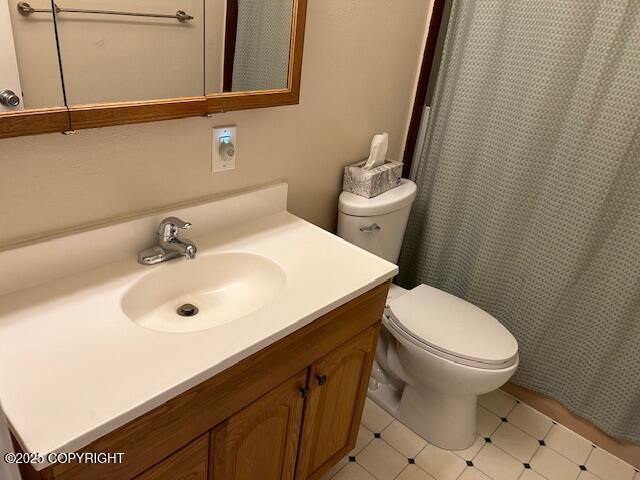 full bathroom with toilet, vanity, and a shower with shower curtain