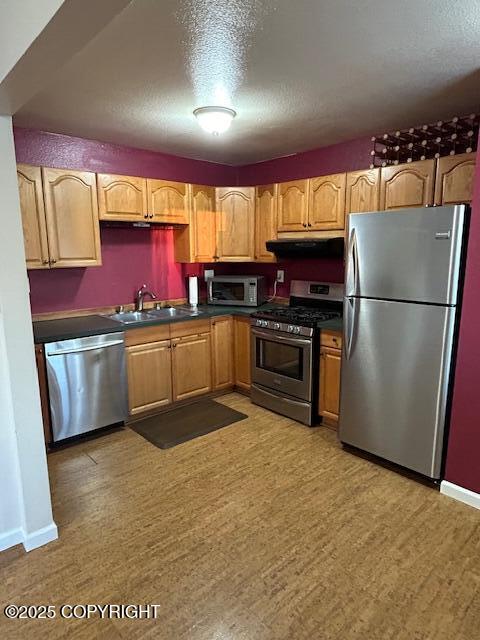 kitchen featuring appliances with stainless steel finishes, under cabinet range hood, dark countertops, a sink, and a textured ceiling