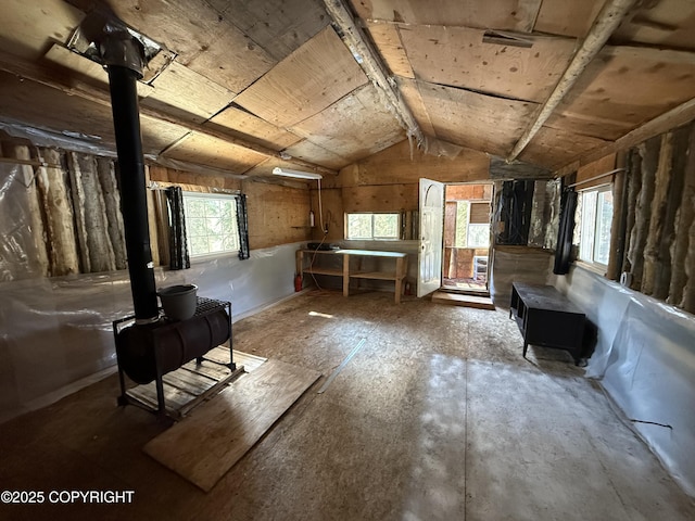 below grade area with a wood stove