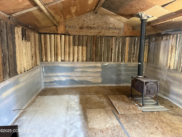 basement with a wood stove