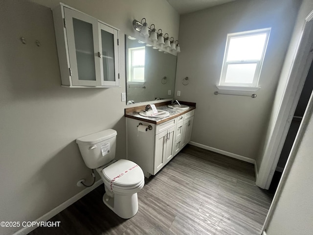 49045 Gemini Ct, Soldotna, AK 99669 - bathroom with double vanity, wood finished floors, a sink, baseboards, and toilet
