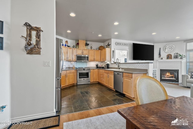 222 E 7th Ave # 106, Anchorage, AK 99501 - kitchen featuring appliances with stainless steel finishes, tasteful backsplash, open floor plan, recessed lighting, and a peninsula