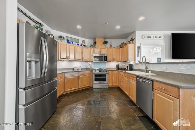 222 E 7th Ave # 106, Anchorage, AK 99501 - kitchen featuring appliances with stainless steel finishes, tasteful backsplash, recessed lighting, and dark stone finish floors