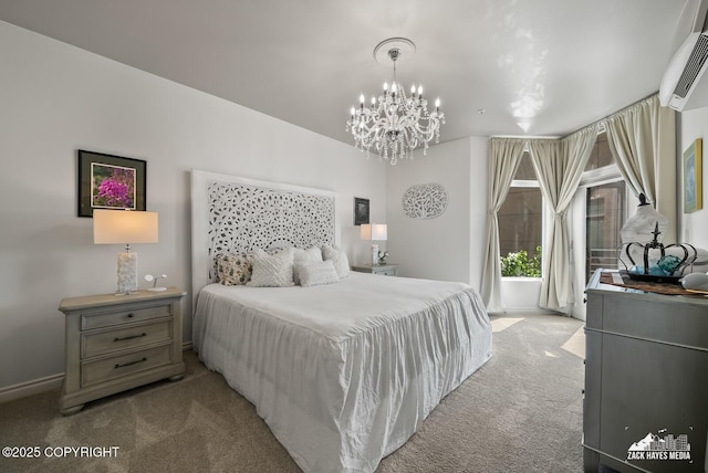 222 E 7th Ave # 106, Anchorage, AK 99501 - bedroom featuring light colored carpet, a chandelier, and a wall unit AC