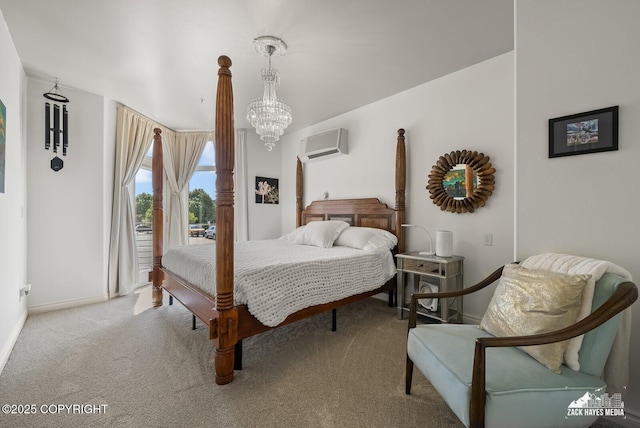 222 E 7th Ave # 106, Anchorage, AK 99501 - carpeted bedroom with a wall mounted AC, access to exterior, and a chandelier