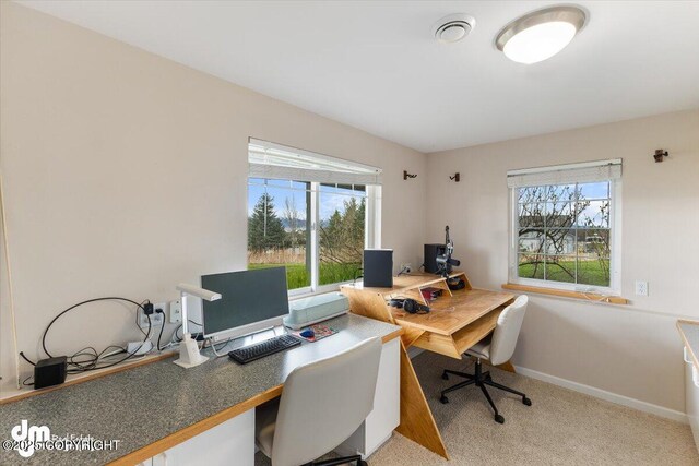 home office featuring visible vents, carpet flooring, baseboards, and a wealth of natural light