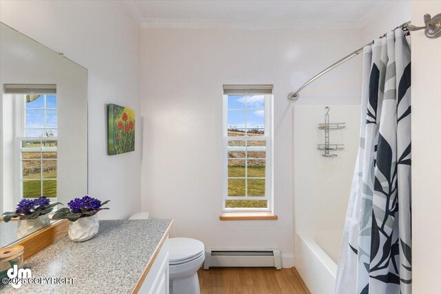 bathroom with wood finished floors, ornamental molding, a wealth of natural light, and a baseboard radiator