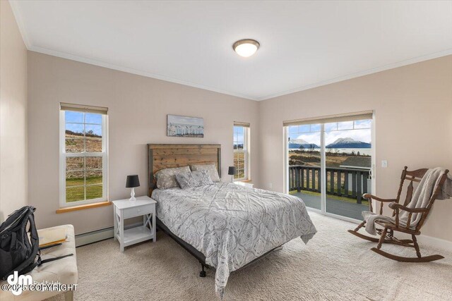 bedroom featuring carpet flooring, access to outside, and ornamental molding