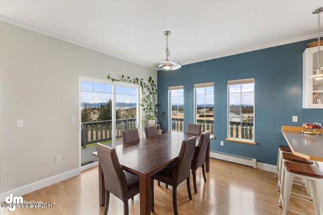 dining area featuring crown molding, baseboards, a baseboard radiator, and light wood finished floors