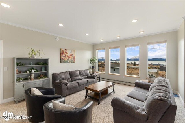 living room featuring a baseboard radiator, ornamental molding, recessed lighting, and a wealth of natural light