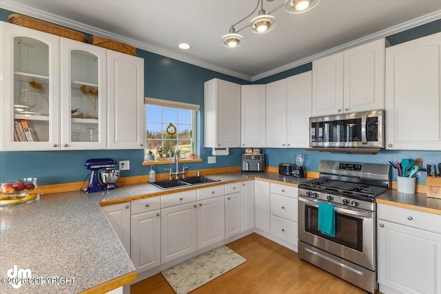 kitchen with ornamental molding, glass insert cabinets, white cabinets, a sink, and stainless steel appliances