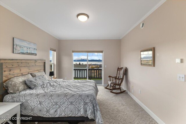 bedroom featuring carpet flooring, crown molding, access to exterior, and baseboards