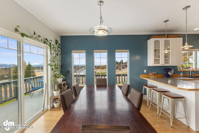 dining space featuring light wood-style floors and ornamental molding