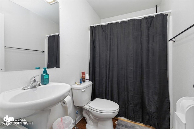 full bathroom with a shower with shower curtain, toilet, a sink, and wood finished floors