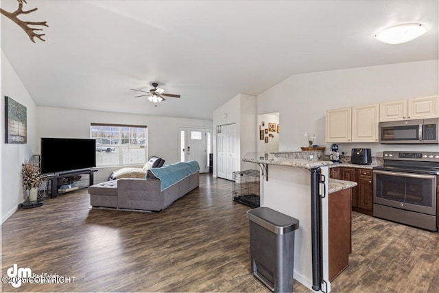 kitchen featuring ceiling fan, appliances with stainless steel finishes, vaulted ceiling, light stone counters, and dark wood-type flooring