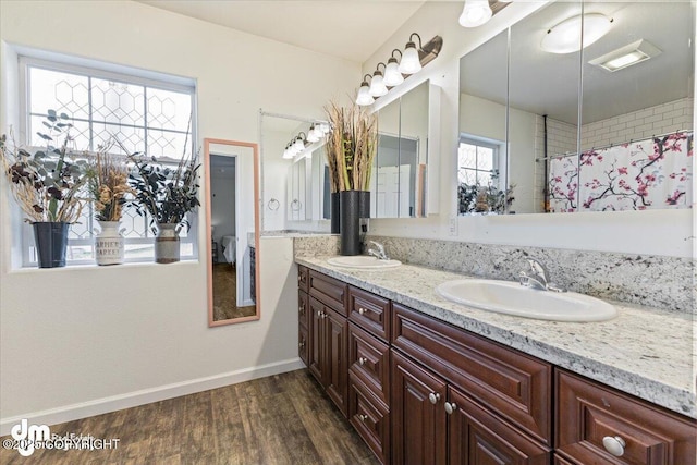 full bathroom featuring baseboards, a sink, wood finished floors, and double vanity