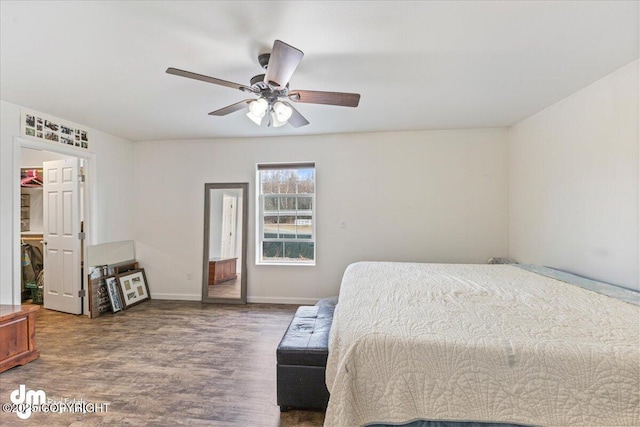 bedroom featuring baseboards, a walk in closet, wood finished floors, and ceiling fan