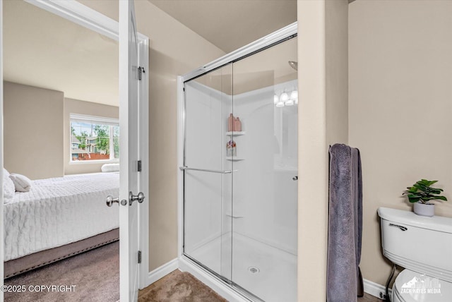 13050 Curry Ridge Cir, Eagle River, AK 99577 - ensuite bathroom with a stall shower, baseboards, and toilet