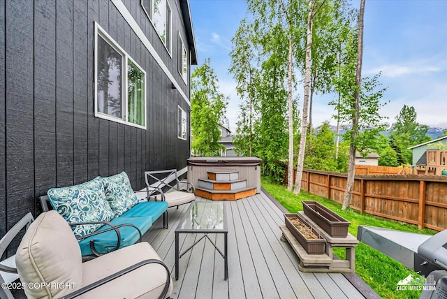 13050 Curry Ridge Cir, Eagle River, AK 99577 - wooden terrace with a hot tub and outdoor lounge area