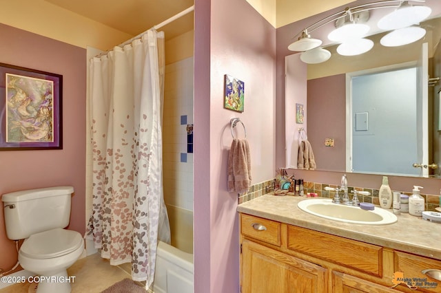bathroom featuring toilet, tile patterned floors, shower / bath combo, and vanity