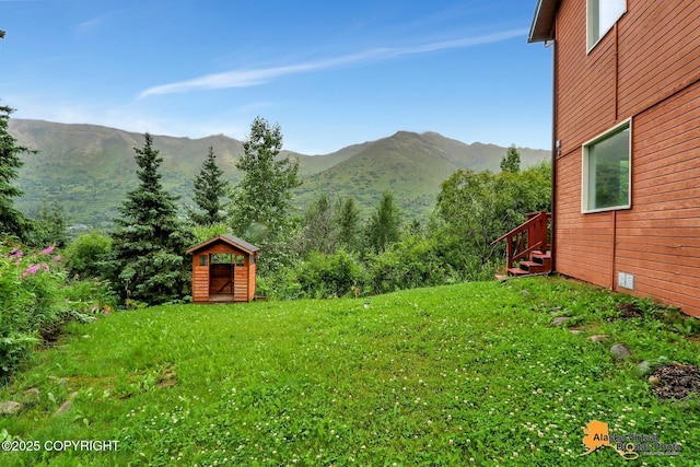 view of yard with a storage unit, a mountain view, and an outbuilding