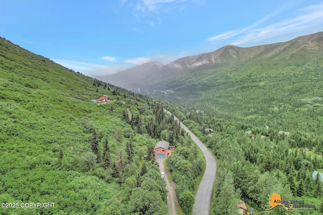 mountain view featuring a forest view