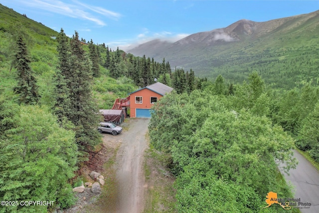 view of mountain feature with a wooded view
