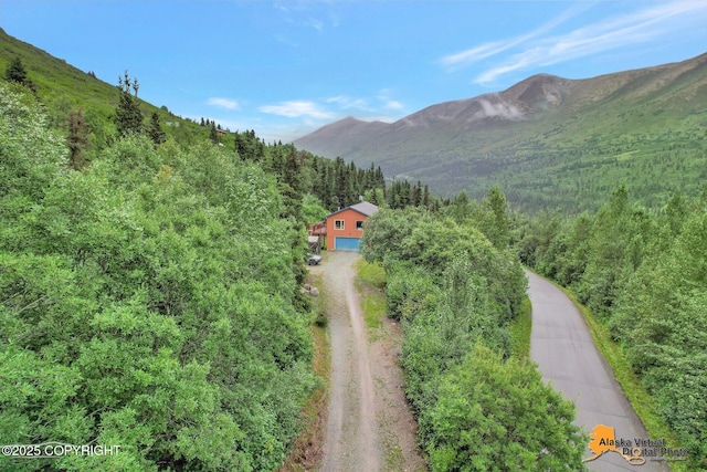 view of mountain feature with a forest view