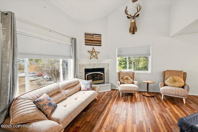 living room featuring high vaulted ceiling, wood-type flooring, a fireplace, and baseboards
