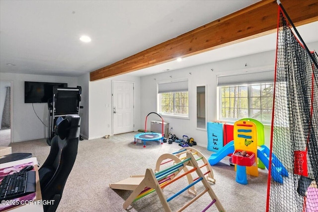 rec room with carpet floors, recessed lighting, beam ceiling, and baseboards
