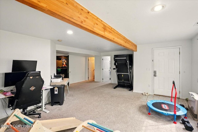 office with carpet, beamed ceiling, recessed lighting, and baseboards