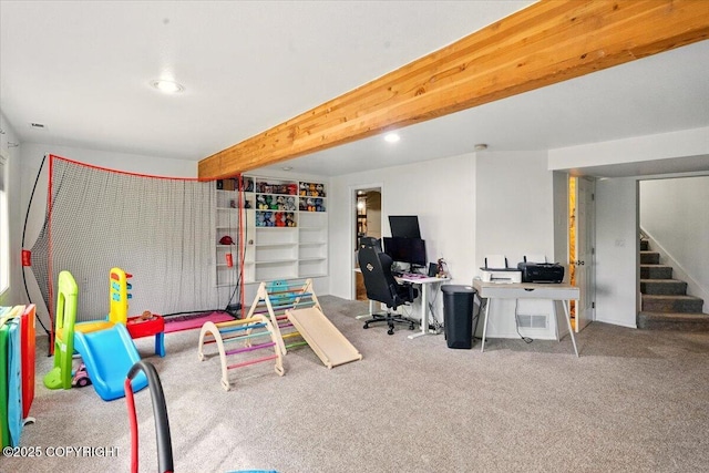 game room with carpet floors, a desk, recessed lighting, and beam ceiling