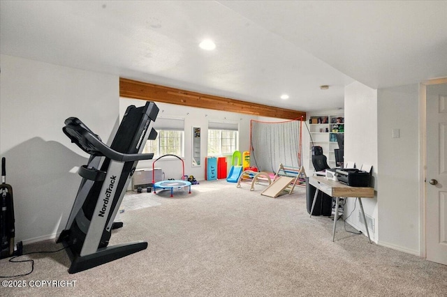 workout area with carpet flooring, recessed lighting, and baseboards