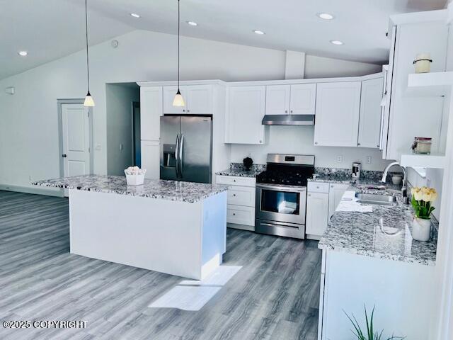 kitchen with appliances with stainless steel finishes, under cabinet range hood, vaulted ceiling, a sink, and light wood-type flooring