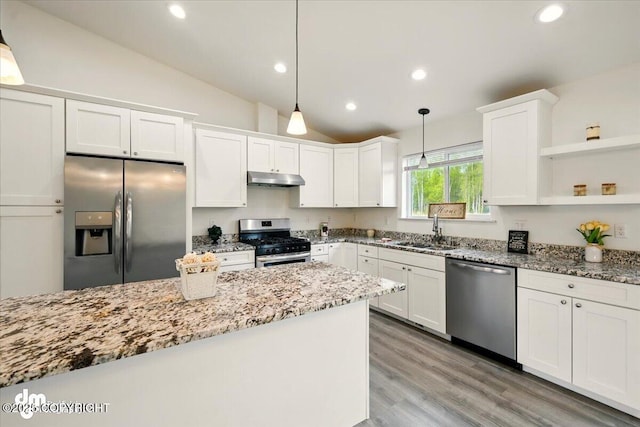kitchen with appliances with stainless steel finishes, a sink, under cabinet range hood, lofted ceiling, and white cabinetry