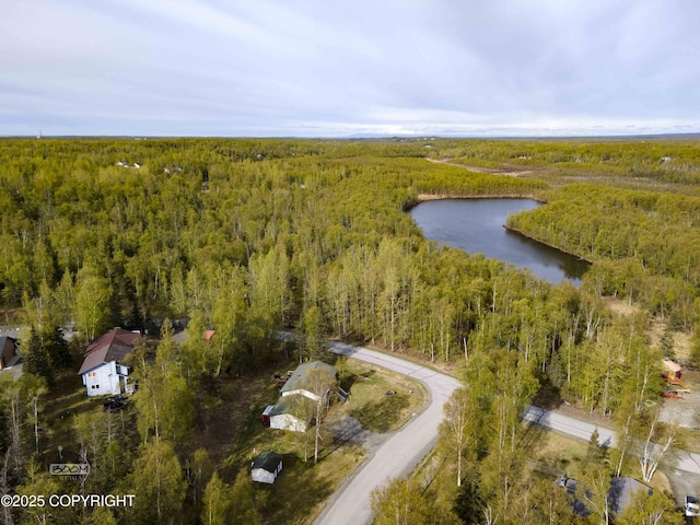 aerial view of a heavily wooded area and a large body of water