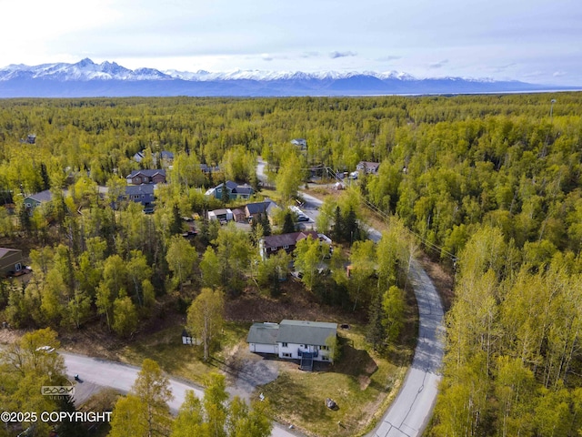 aerial view of property's location featuring a heavily wooded area and a mountain backdrop