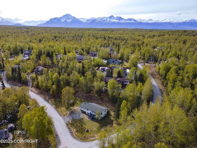 aerial view of property's location featuring a heavily wooded area and a mountain backdrop