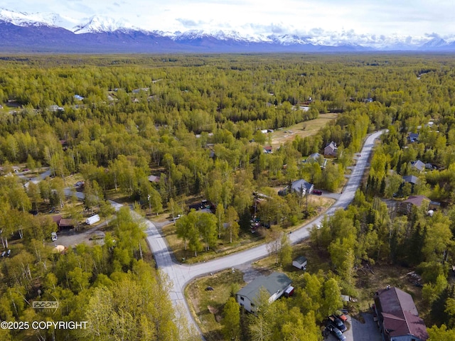 bird's eye view of a heavily wooded area and a mountain backdrop