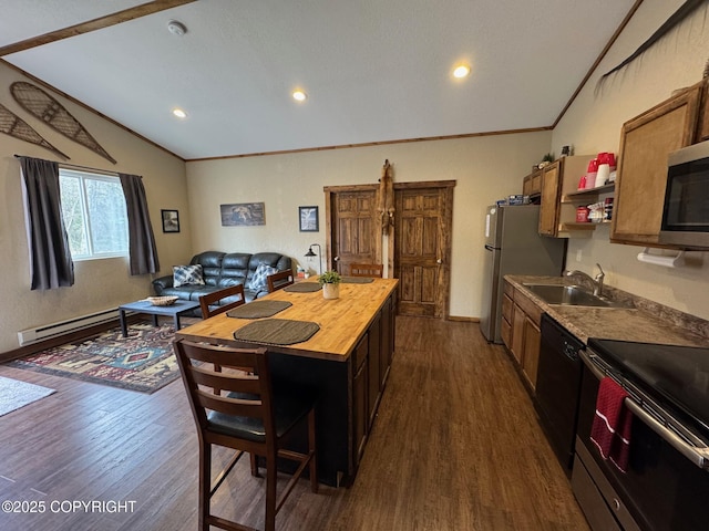 46050 Lax Cir, Soldotna, AK 99669 - kitchen with wooden counters, dark wood-style floors, a sink, appliances with stainless steel finishes, and vaulted ceiling