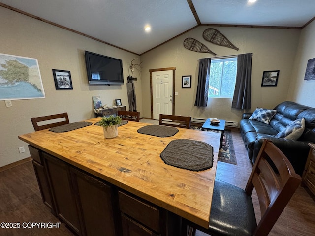 46050 Lax Cir, Soldotna, AK 99669 - dining room featuring vaulted ceiling, baseboards, dark wood-style floors, ornamental molding, and recessed lighting