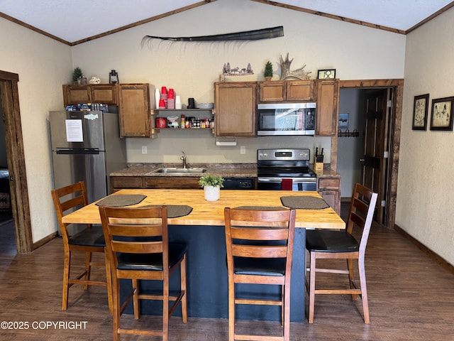 46050 Lax Cir, Soldotna, AK 99669 - kitchen featuring a sink, stainless steel appliances, dark wood-type flooring, vaulted ceiling, and ornamental molding