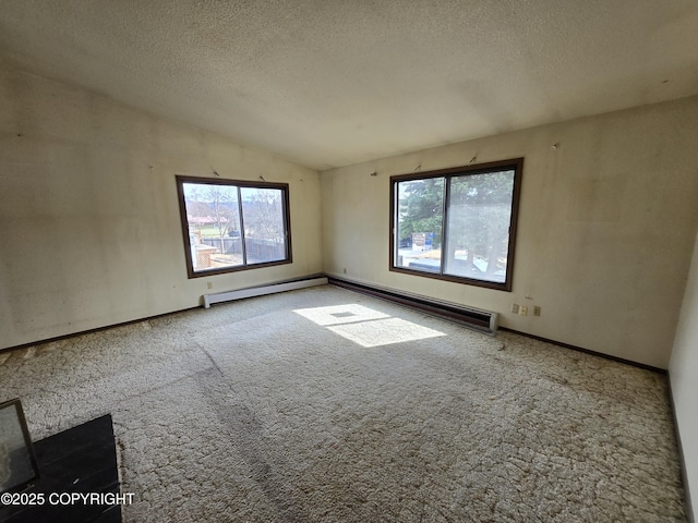 empty room featuring a textured ceiling, carpet, and a wealth of natural light