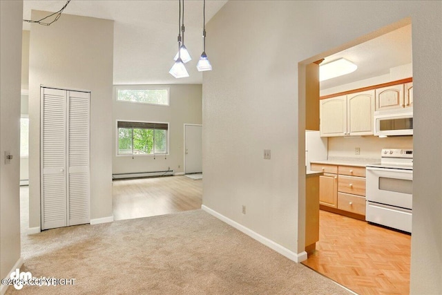 2631 Palmer Ct # C6, Anchorage, AK 99508 - unfurnished dining area with baseboard heating, light carpet, a high ceiling, and baseboards